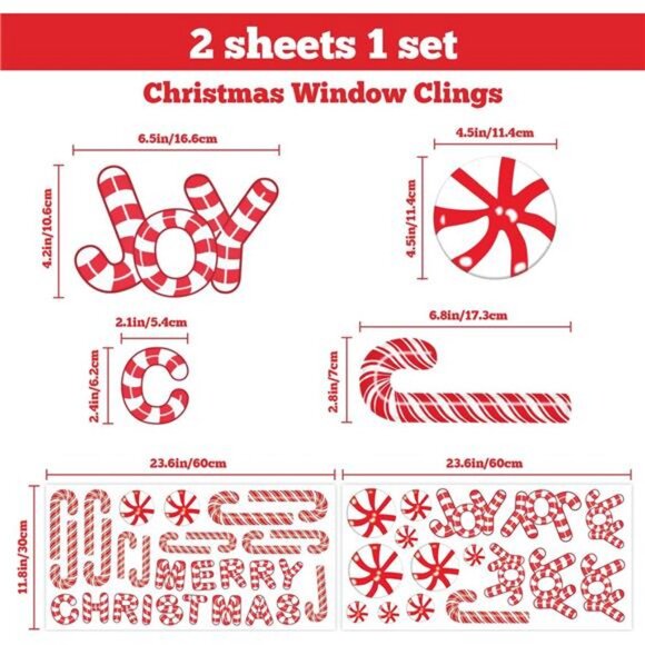 Large Christmas Window Clings Candy Window Decals Merry Christmas Joy Peppermint - Picture 3 of 8